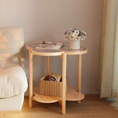 Contemporary Scandinavian Quatrefoil-Shaped Fluted Glass Rubberwood Solid Wood Coffee Table 2-Tier For Living Room