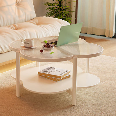Contemporary Scandinavian Quatrefoil-Shaped Fluted Glass Rubberwood Solid Wood Coffee Table 2-Tier For Living Room