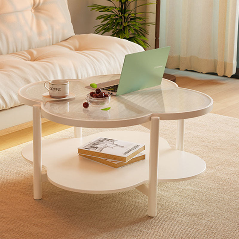 Contemporary Scandinavian Quatrefoil-Shaped Fluted Glass Rubberwood Solid Wood Coffee Table 2-Tier For Living Room