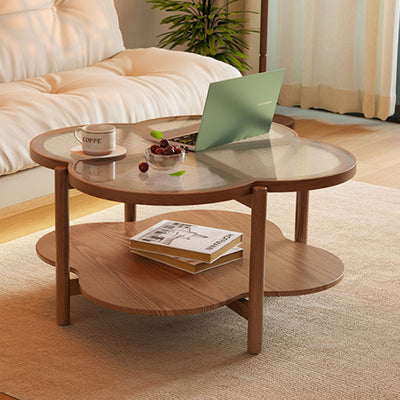 Contemporary Scandinavian Quatrefoil-Shaped Fluted Glass Rubberwood Solid Wood Coffee Table 2-Tier For Living Room