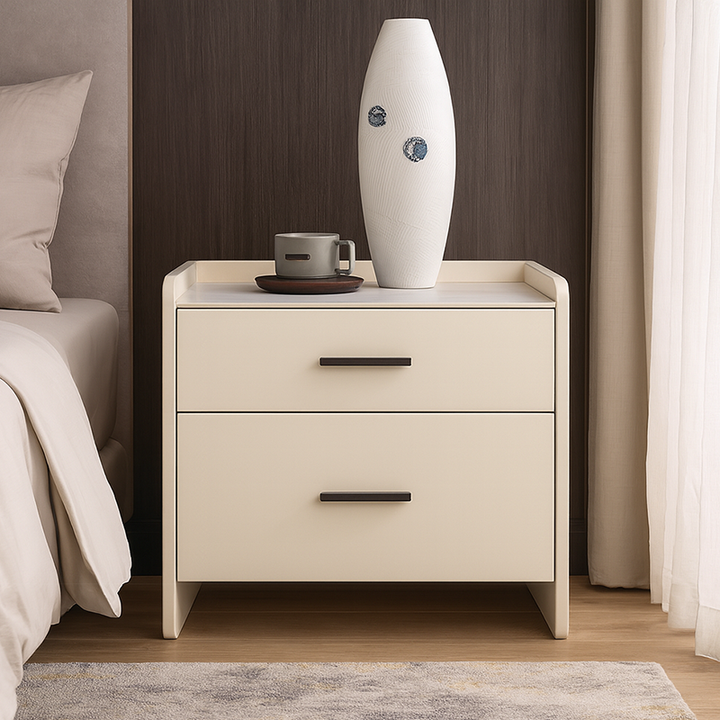 Table de chevet de rangement contemporaine scandinave beige à 2 tiroirs - table de nuit avec plateau en dalle de pierre pour chambre à coucher 