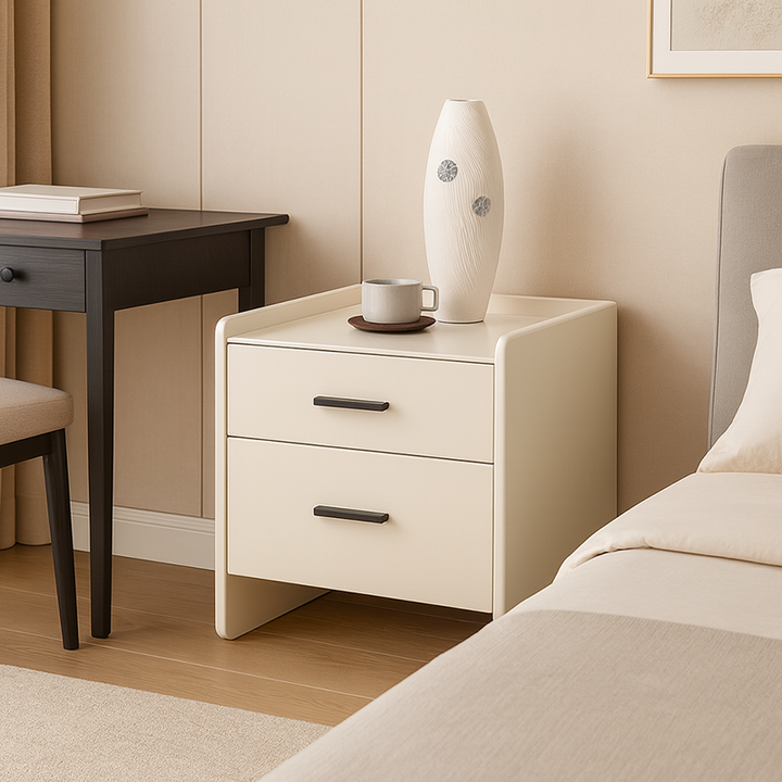 Table de chevet de rangement contemporaine scandinave beige à 2 tiroirs - table de nuit avec plateau en dalle de pierre pour chambre à coucher 