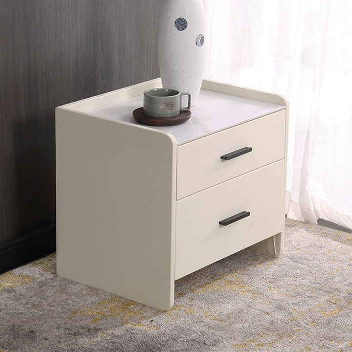 Table de chevet de rangement contemporaine scandinave beige à 2 tiroirs - table de nuit avec plateau en dalle de pierre pour chambre à coucher 