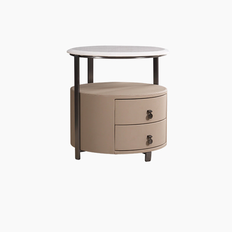 Modern Luxury Round 2-Drawer Storage Nightstand, Light Brown Faux Leather Stone Slab Top Bedside Table For Bedroom