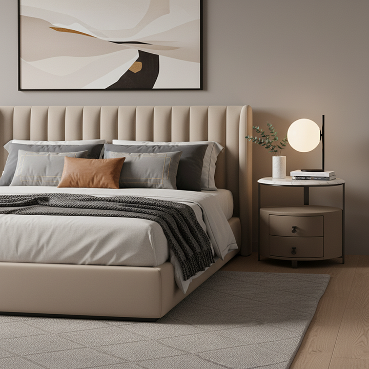 Modern Luxury Round 2-Drawer Storage Nightstand, Light Brown Faux Leather Stone Slab Top Bedside Table For Bedroom