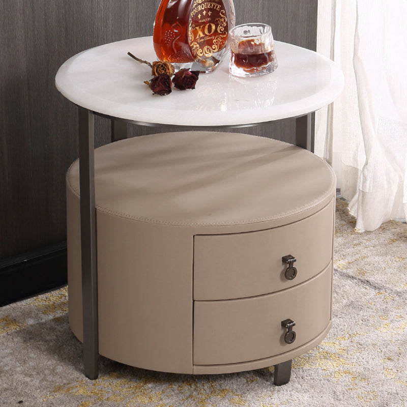 Modern Luxury Round 2-Drawer Storage Nightstand, Light Brown Faux Leather Stone Slab Top Bedside Table For Bedroom