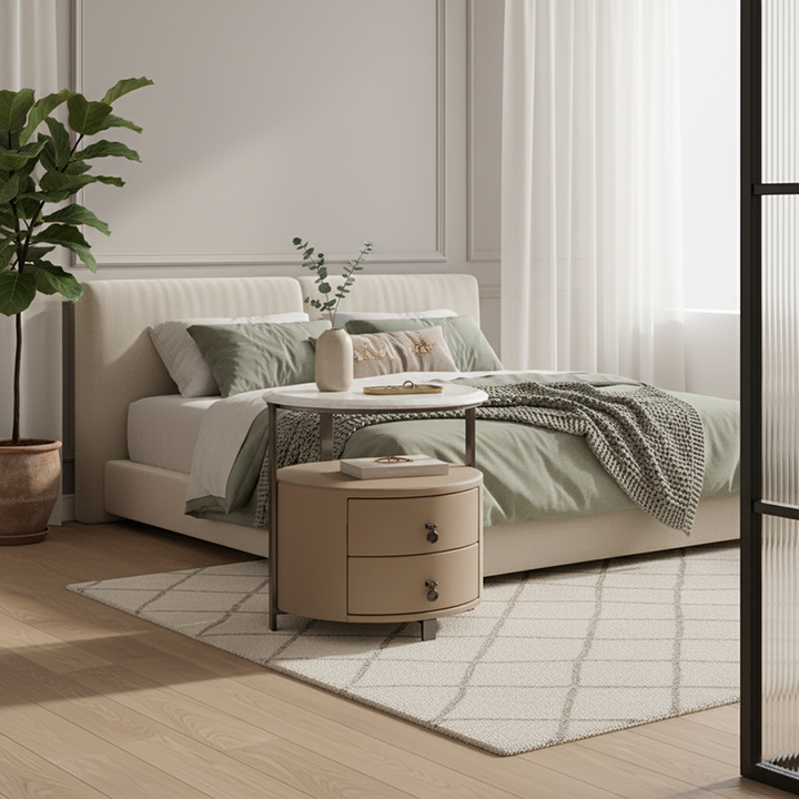 Modern Luxury Round 2-Drawer Storage Nightstand, Light Brown Faux Leather Stone Slab Top Bedside Table For Bedroom