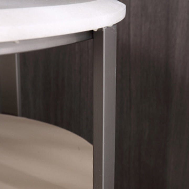 Modern Luxury Round 2-Drawer Storage Nightstand, Light Brown Faux Leather Stone Slab Top Bedside Table For Bedroom