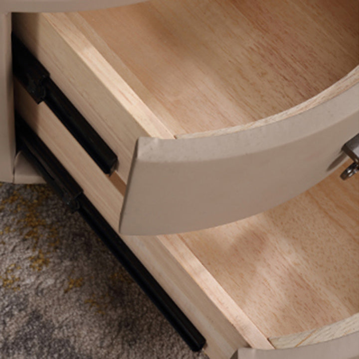 Modern Luxury Round 2-Drawer Storage Nightstand, Light Brown Faux Leather Stone Slab Top Bedside Table For Bedroom
