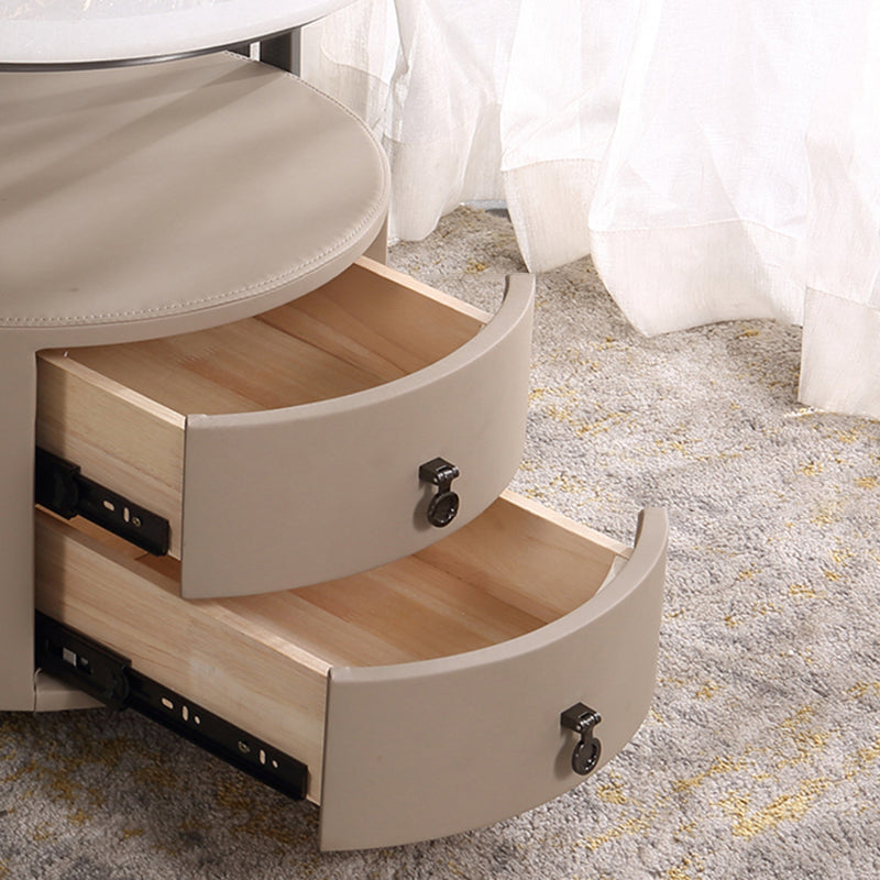 Modern Luxury Round 2-Drawer Storage Nightstand, Light Brown Faux Leather Stone Slab Top Bedside Table For Bedroom