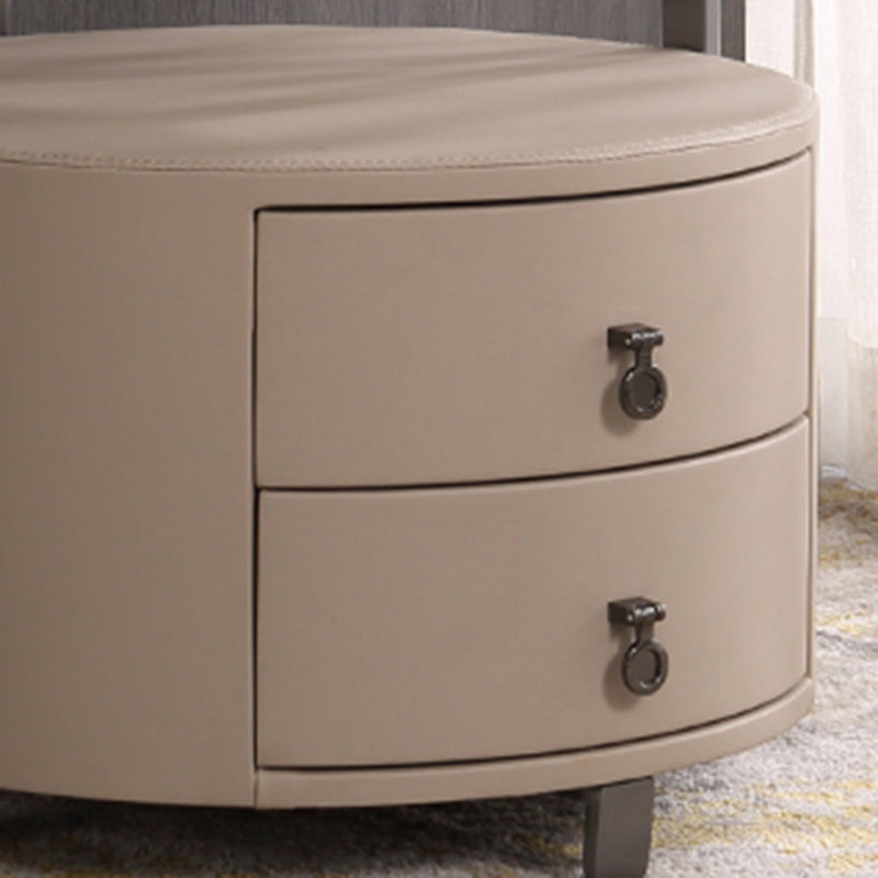 Modern Luxury Round 2-Drawer Storage Nightstand, Light Brown Faux Leather Stone Slab Top Bedside Table For Bedroom