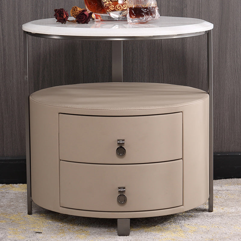 Modern Luxury Round 2-Drawer Storage Nightstand, Light Brown Faux Leather Stone Slab Top Bedside Table For Bedroom