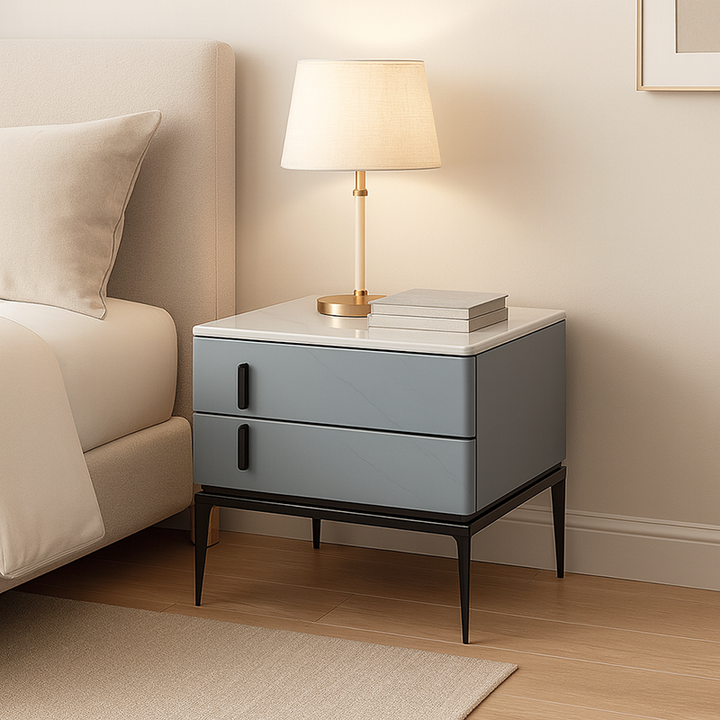 Table de chevet de rangement à 2 tiroirs en simili cuir gris, style minimaliste moderne, pieds en fer, pour chambre à coucher 