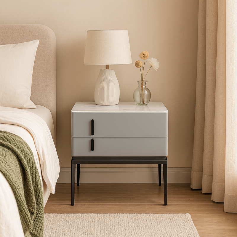 Table de chevet de rangement à 2 tiroirs en simili cuir gris, style minimaliste moderne, pieds en fer, pour chambre à coucher 