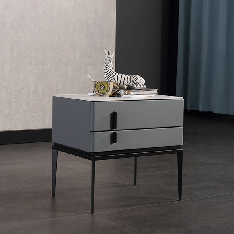 Table de chevet de rangement à 2 tiroirs en simili cuir gris, style minimaliste moderne, pieds en fer, pour chambre à coucher 
