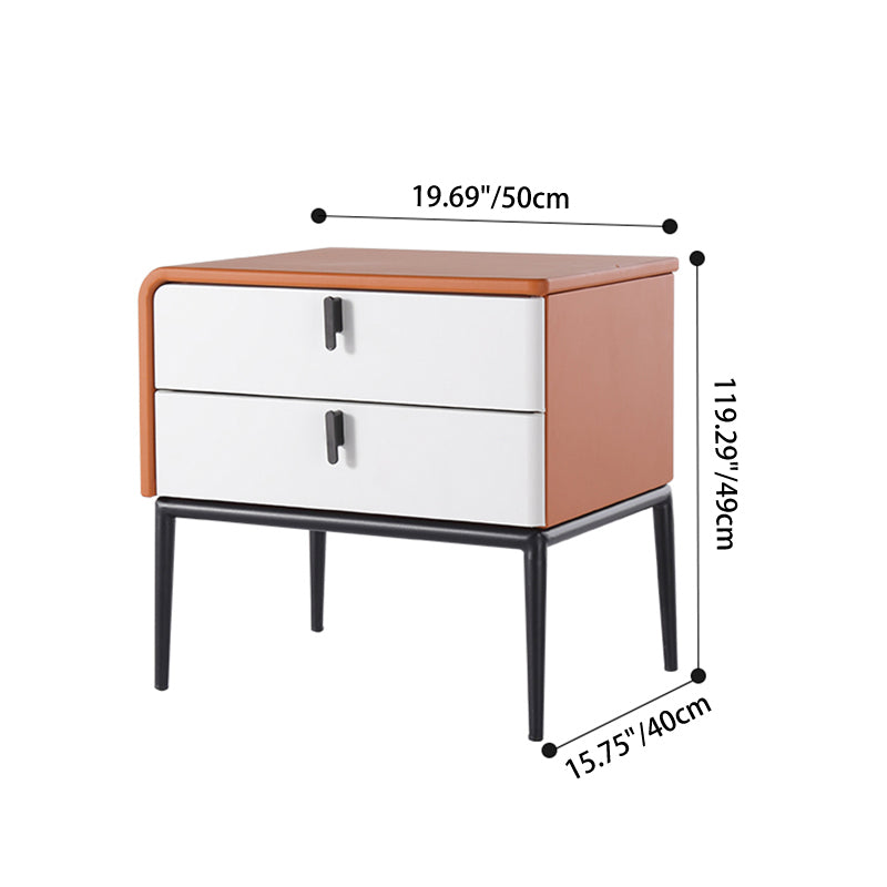 Modern Luxury Orange Faux Leather 2-Drawer Storage Nightstand - Matte Finish Bedside Table For Bedroom