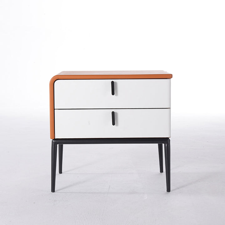 Modern Luxury Orange Faux Leather 2-Drawer Storage Nightstand - Matte Finish Bedside Table For Bedroom
