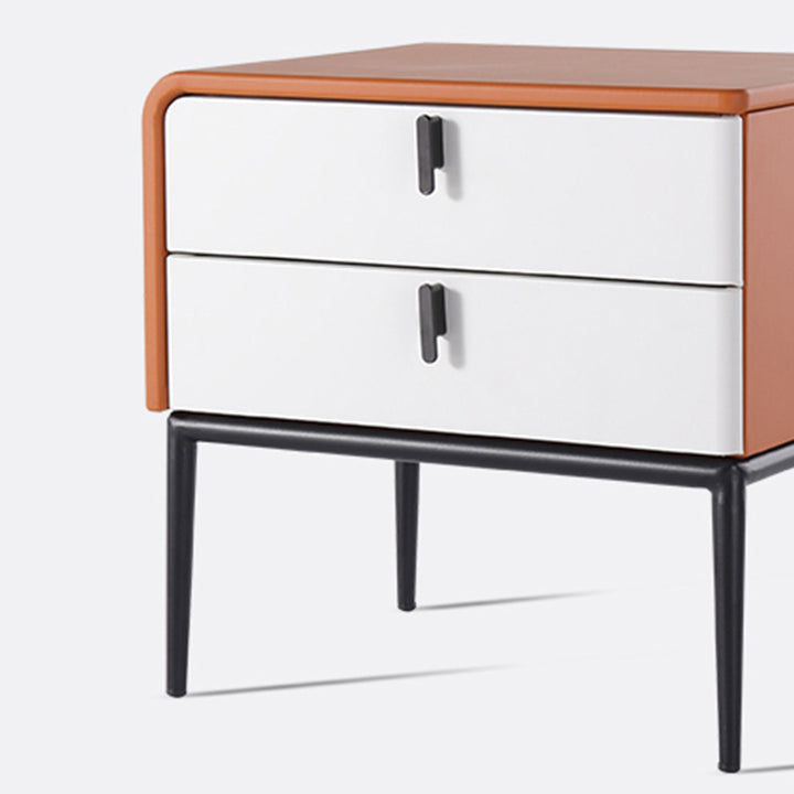 Modern Luxury Orange Faux Leather 2-Drawer Storage Nightstand - Matte Finish Bedside Table For Bedroom