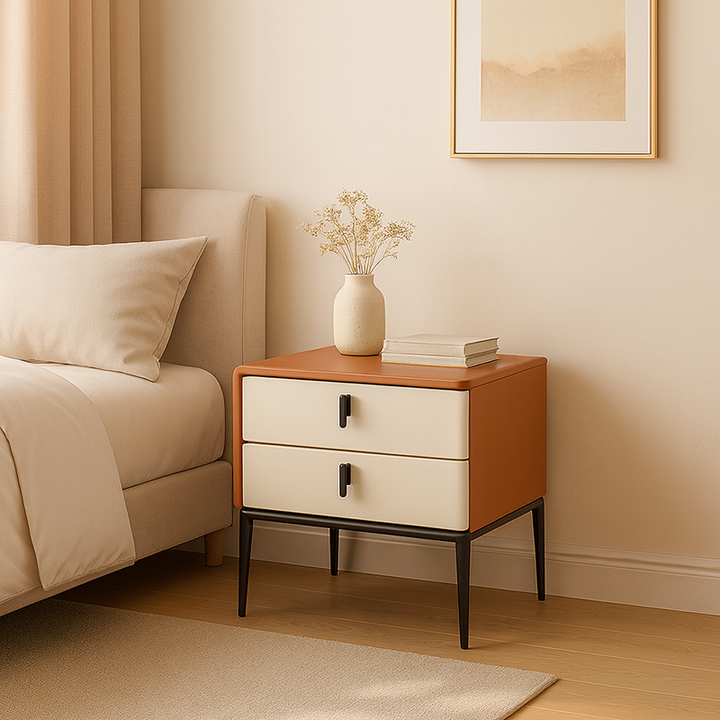 Modern Luxury Orange Faux Leather 2-Drawer Storage Nightstand - Matte Finish Bedside Table For Bedroom