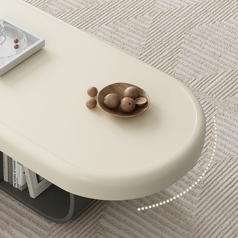 Contemporary Scandinavian Oval Multi-Layer Solid Wood Panel Stone Slab Coffee Table 2-Drawer For Living Room