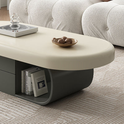 Contemporary Scandinavian Oval Multi-Layer Solid Wood Panel Stone Slab Coffee Table 2-Drawer For Living Room