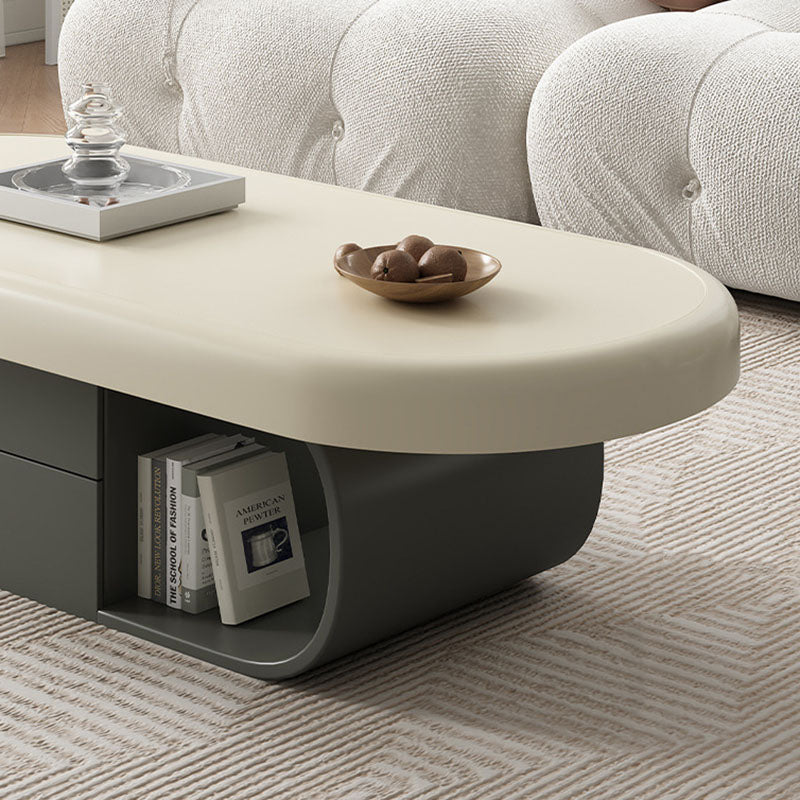 Contemporary Scandinavian Oval Multi-Layer Solid Wood Panel Stone Slab Coffee Table 2-Drawer For Living Room