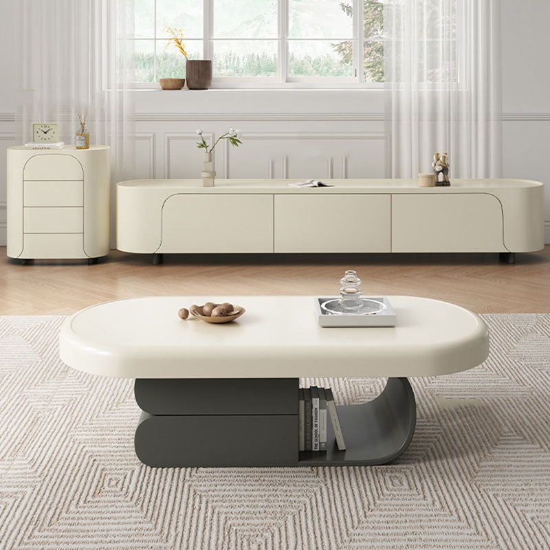 Contemporary Scandinavian Oval Multi-Layer Solid Wood Panel Stone Slab Coffee Table 2-Drawer For Living Room