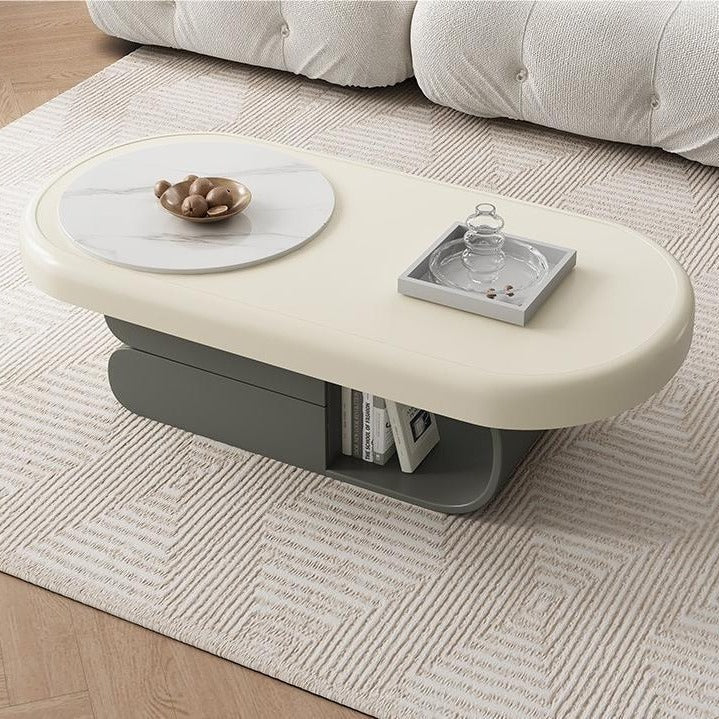 Contemporary Scandinavian Oval Multi-Layer Solid Wood Panel Stone Slab Coffee Table 2-Drawer For Living Room