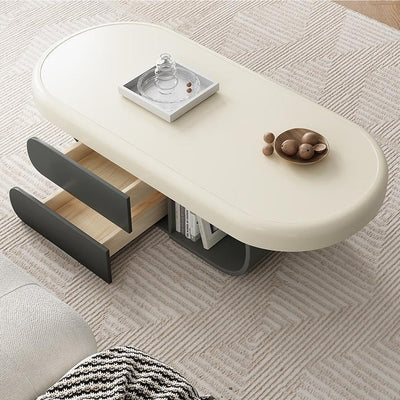 Contemporary Scandinavian Oval Multi-Layer Solid Wood Panel Stone Slab Coffee Table 2-Drawer For Living Room