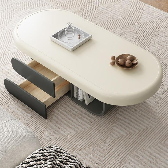 Contemporary Scandinavian Oval Multi-Layer Solid Wood Panel Stone Slab Coffee Table 2-Drawer For Living Room