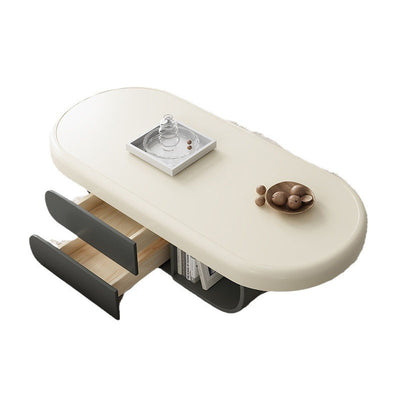 Contemporary Scandinavian Oval Multi-Layer Solid Wood Panel Stone Slab Coffee Table 2-Drawer For Living Room