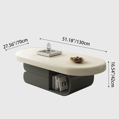 Contemporary Scandinavian Oval Multi-Layer Solid Wood Panel Stone Slab Coffee Table 2-Drawer For Living Room