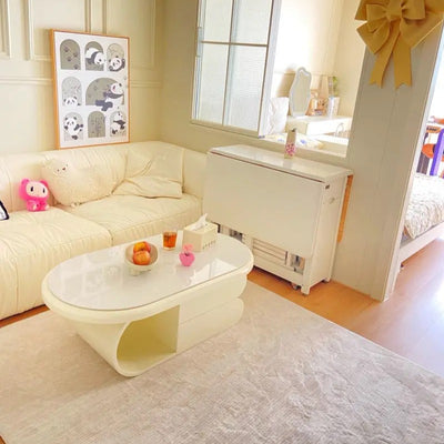 Contemporary Scandinavian Oval Multi-Layer Solid Wood Panel Stone Slab Coffee Table 2-Drawer For Living Room