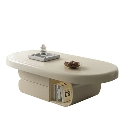 Contemporary Scandinavian Oval Multi-Layer Solid Wood Panel Stone Slab Coffee Table 2-Drawer For Living Room