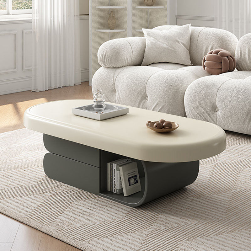 Contemporary Scandinavian Oval Multi-Layer Solid Wood Panel Stone Slab Coffee Table 2-Drawer For Living Room