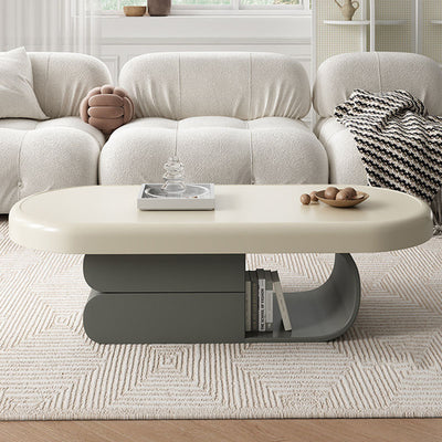 Contemporary Scandinavian Oval Multi-Layer Solid Wood Panel Stone Slab Coffee Table 2-Drawer For Living Room