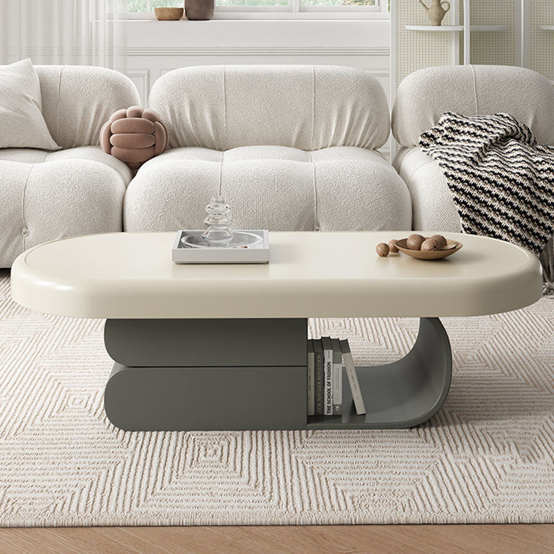 Contemporary Scandinavian Oval Multi-Layer Solid Wood Panel Stone Slab Coffee Table 2-Drawer For Living Room