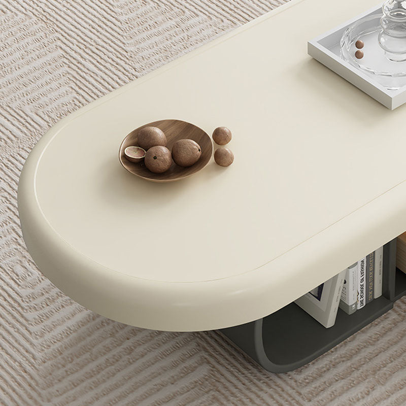 Contemporary Scandinavian Oval Multi-Layer Solid Wood Panel Stone Slab Coffee Table 2-Drawer For Living Room