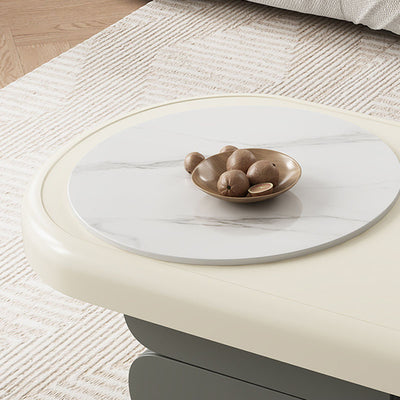 Contemporary Scandinavian Oval Multi-Layer Solid Wood Panel Stone Slab Coffee Table 2-Drawer For Living Room