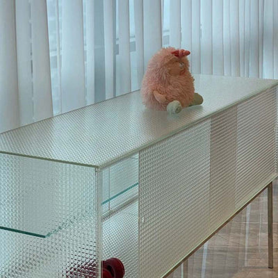 Modern Luxury Square Tempered Glass Stainless Steel Legs Storage Sideboard 1-Cabinet For Dining Room