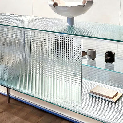 Modern Luxury Square Tempered Glass Stainless Steel Legs Storage Sideboard 1-Cabinet For Dining Room