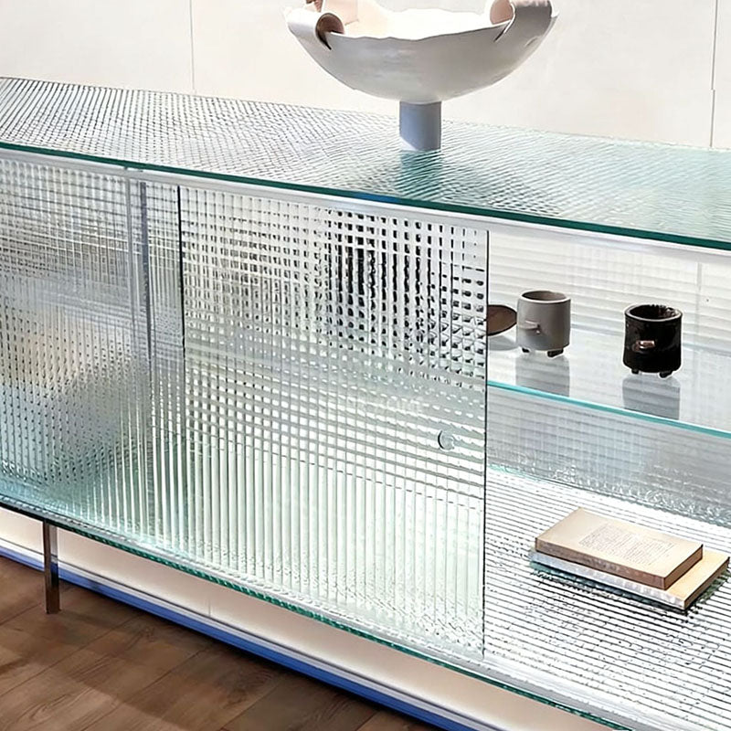 Modern Luxury Square Tempered Glass Stainless Steel Legs Storage Sideboard 1-Cabinet For Dining Room