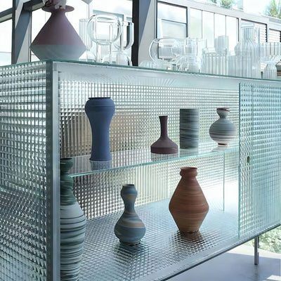 Modern Luxury Square Tempered Glass Stainless Steel Legs Storage Sideboard 1-Cabinet For Dining Room