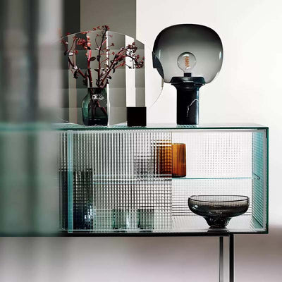 Modern Luxury Square Tempered Glass Stainless Steel Legs Storage Sideboard 1-Cabinet For Dining Room