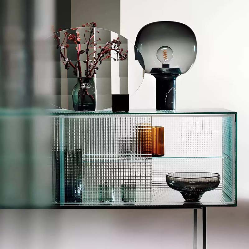 Modern Luxury Square Tempered Glass Stainless Steel Legs Storage Sideboard 1-Cabinet For Dining Room