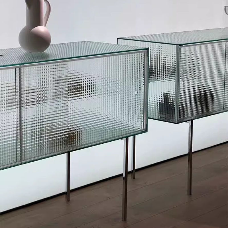 Modern Luxury Square Tempered Glass Stainless Steel Legs Storage Sideboard 1-Cabinet For Dining Room