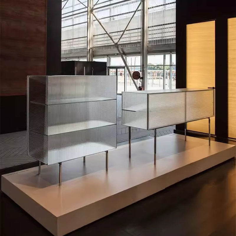 Modern Luxury Square Tempered Glass Stainless Steel Legs Storage Sideboard 1-Cabinet For Dining Room