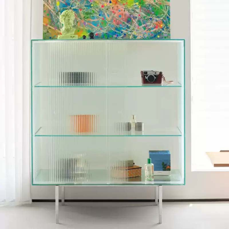 Modern Luxury Square Tempered Glass Stainless Steel Legs Storage Sideboard 1-Cabinet For Dining Room