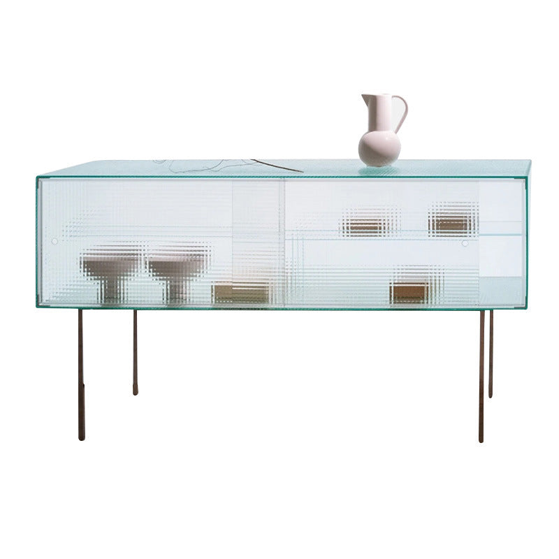 Modern Luxury Square Tempered Glass Stainless Steel Legs Storage Sideboard 1-Cabinet For Dining Room