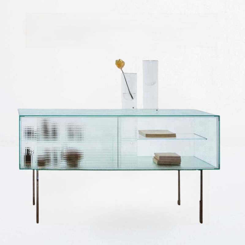 Modern Luxury Square Tempered Glass Stainless Steel Legs Storage Sideboard 1-Cabinet For Dining Room